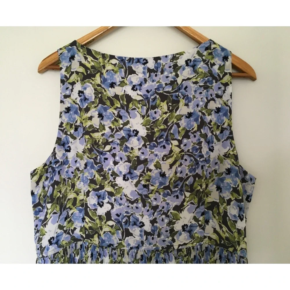 J Jill Granite Water Floral Bloom Accordion Pleat Sleeveless Dress Sz L